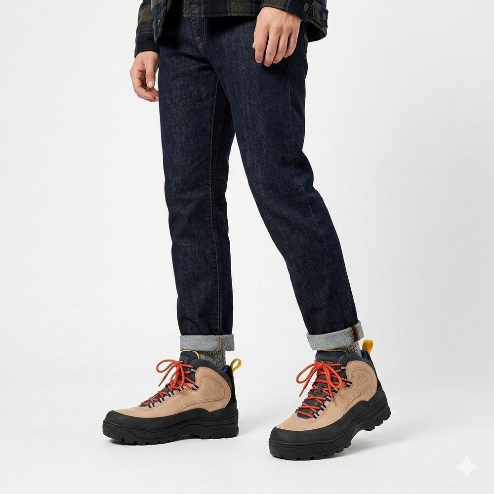 Vintage 90s Tommy Hilfiger Hiking Boots Men's Size 11.5 Beige Blue Leather Upper